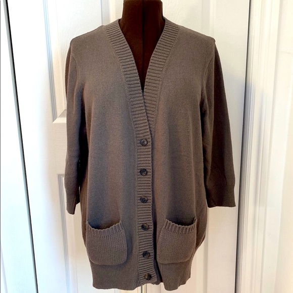 Old Navy Taupe Cardigan Sweater, V-Neck, 3/4 Sleeves, Pockets, Tunic Length, XL - Picture 1 of 10
